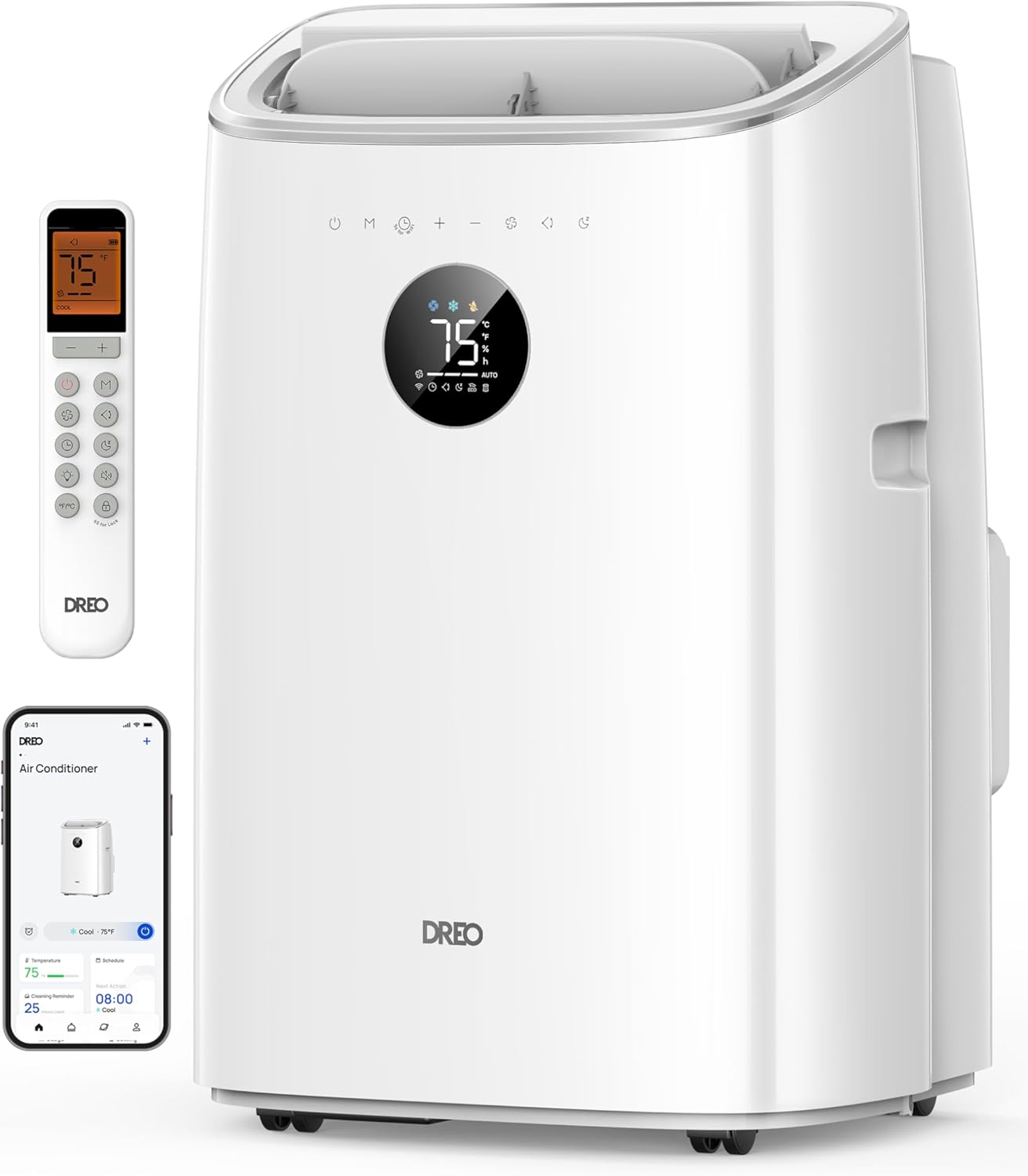 DREO climatiseur mobile 7500 BTU 3-en-1 refroidissement/ventilation/déshumidification, silencieux pour chambre ou bureau, contrôle par app et voix, sans drainage, kit fenêtre, 2,5 L/h, AC318S