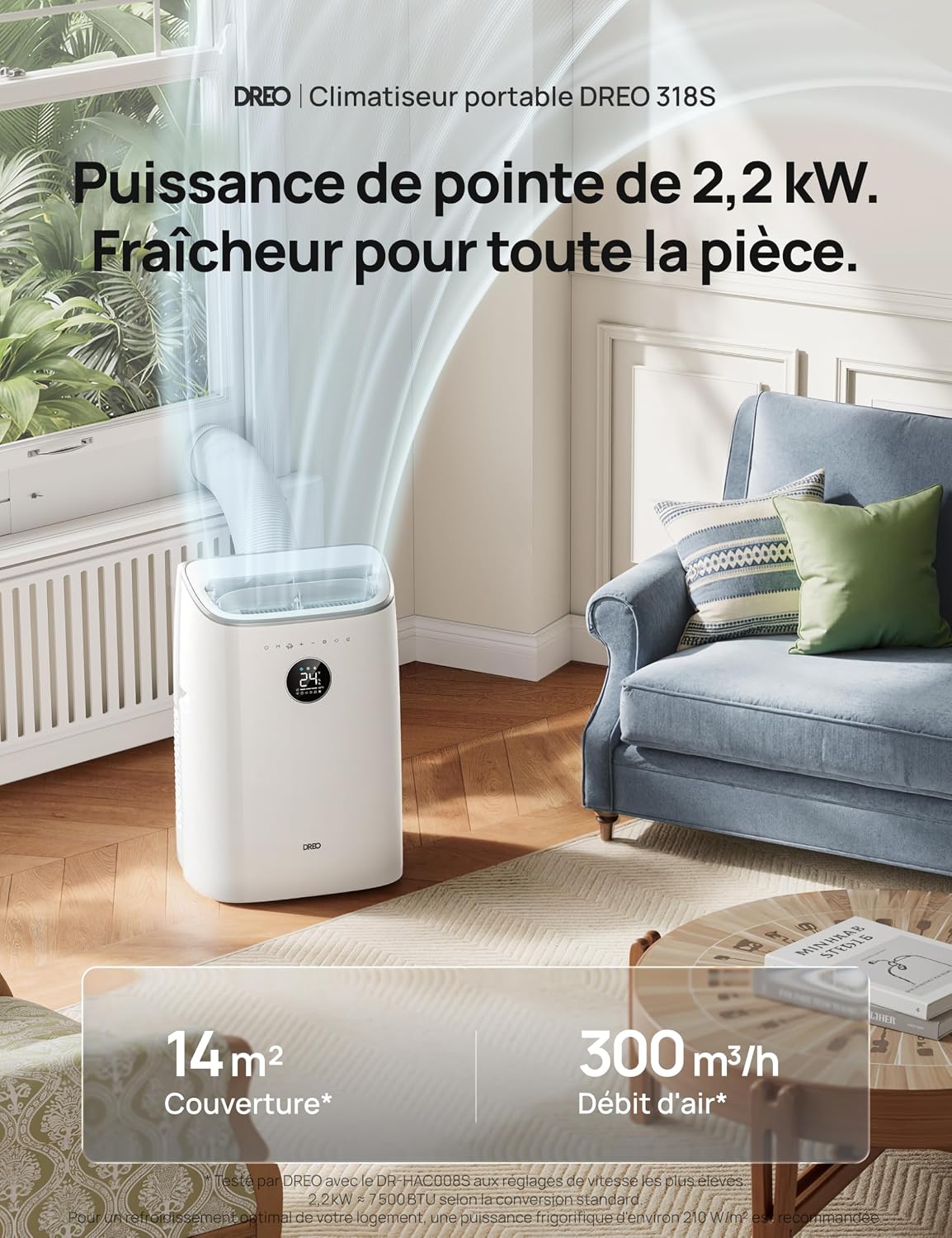 DREO climatiseur mobile 7500 BTU 3-en-1 refroidissement/ventilation/déshumidification, silencieux pour chambre ou bureau, contrôle par app et voix, sans drainage, kit fenêtre, 2,5 L/h, AC318S vue 2