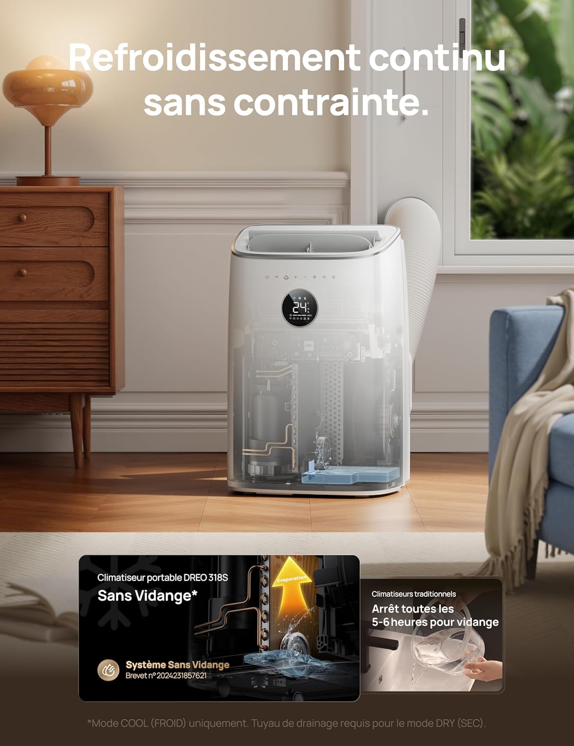 DREO climatiseur mobile 7500 BTU 3-en-1 refroidissement/ventilation/déshumidification, silencieux pour chambre ou bureau, contrôle par app et voix, sans drainage, kit fenêtre, 2,5 L/h, AC318S vue 4
